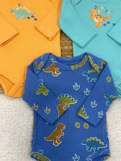 Dino Nakışlı Fitilli Erkek Bebek 3lü Uzun Kollu Çıtçıtlı Badi (0-3/3-6 Ay)