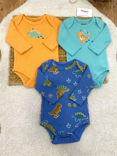 Dino Nakışlı Fitilli Erkek Bebek 3lü Uzun Kollu Çıtçıtlı Badi (0-3/3-6 Ay)