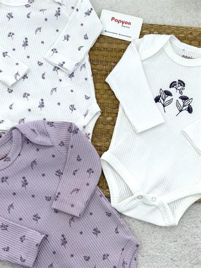 Dream Flower Fitilli Kız Bebek 3lü Uzun Kollu Çıtçıtlı Badi (0-3/3-6 Ay)