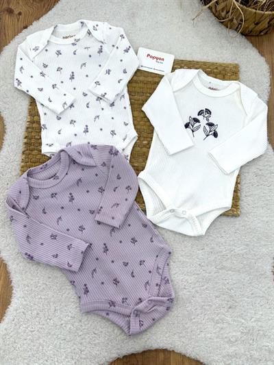 Dream Flower Fitilli Kız Bebek 3lü Uzun Kollu Çıtçıtlı Badi (0-3/3-6 Ay)