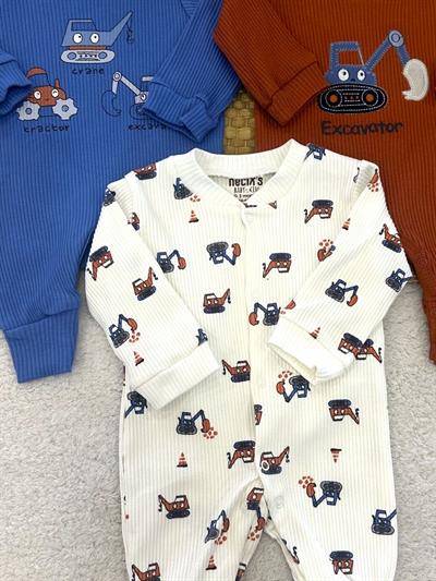 Excavator Tractor Baskılı Raporlu Erkek Bebek 3lü Manşetli Tulum 0-3/3-6 Ay