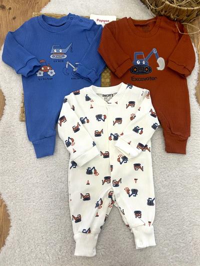 Excavator Tractor Baskılı Raporlu Erkek Bebek 3lü Manşetli Tulum 0-3/3-6 Ay