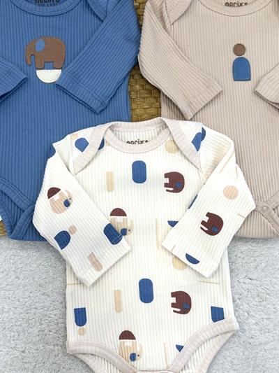 Fil Nakışlı Fitilli Erkek Bebek 3lü Uzun Kollu Çıtçıtlı Badi (0-3/3-6 Ay)