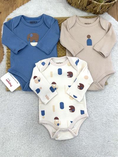 Fil Nakışlı Fitilli Erkek Bebek 3lü Uzun Kollu Çıtçıtlı Badi (0-3/3-6 Ay)