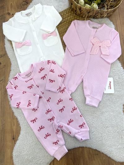 Fiyonklu Kız Bebek 3lü Manşetli Tulum (0-3/3-6 Ay)