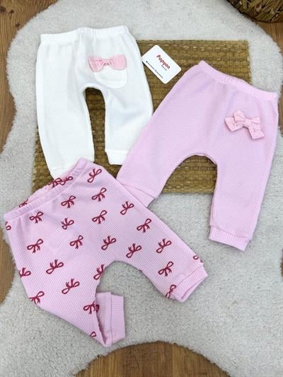 Fiyonklu Waffle Kız Bebek 3lü Manşetli Alt Pantolon (0-3/3-6 Ay)