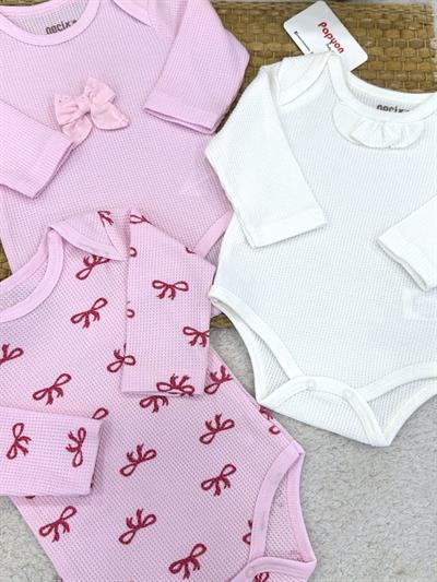 Fiyonklu Waffle Kız Bebek Uzun Kollu 3lü Çıtçıtlı Badi (0-3/3-6 Ay)