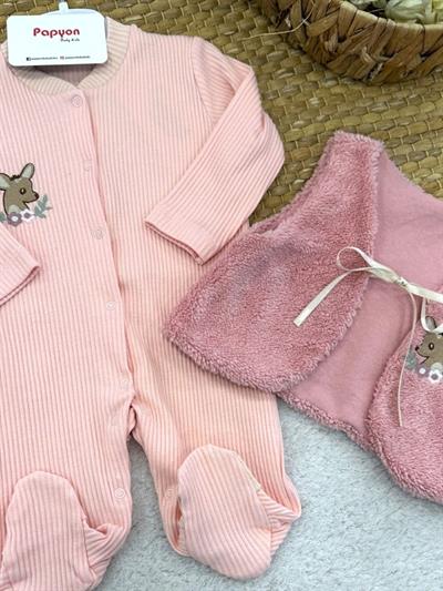 Geyik Nakışlı Peluş Yelekli Raporlu Kız Bebek Tulum 0-3/3-6 Ay