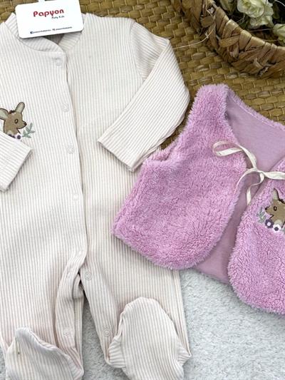 Geyik Nakışlı Peluş Yelekli Raporlu Kız Bebek Tulum 0-3/3-6 Ay
