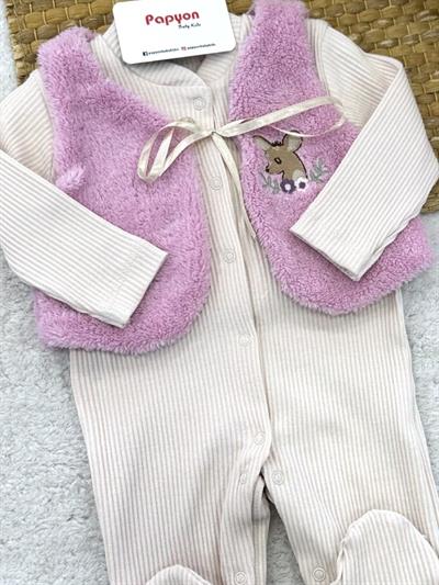Geyik Nakışlı Peluş Yelekli Raporlu Kız Bebek Tulum 0-3/3-6 Ay