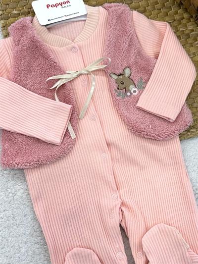 Geyik Nakışlı Peluş Yelekli Raporlu Kız Bebek Tulum 0-3/3-6 Ay