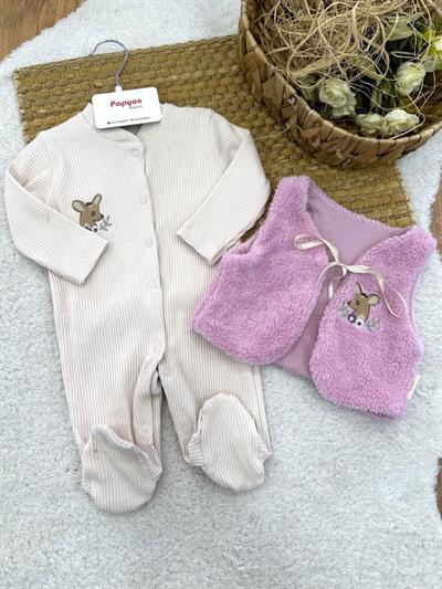 Geyik Nakışlı Peluş Yelekli Raporlu Kız Bebek Tulum 0-3/3-6 Ay