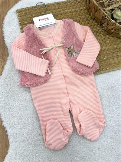 Geyik Nakışlı Peluş Yelekli Raporlu Kız Bebek Tulum 0-3/3-6 Ay
