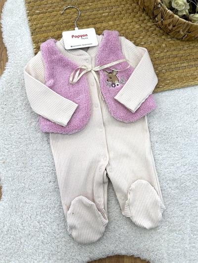 Geyik Nakışlı Peluş Yelekli Raporlu Kız Bebek Tulum 0-3/3-6 Ay
