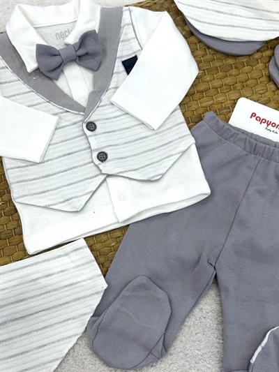 Girne Smokin Model Yenidoğan Erkek Bebek 5li Zıbın Set Hastane Çıkış Seti