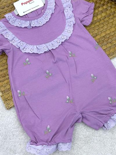 Güpürlü Yakalı Lale Nakışlı Kız Bebek Şort Tulum (3-6/6-9/9-12 Ay)