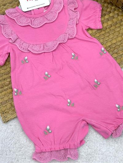 Güpürlü Yakalı Lale Nakışlı Kız Bebek Şort Tulum (3-6/6-9/9-12 Ay)