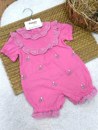 Güpürlü Yakalı Lale Nakışlı Kız Bebek Şort Tulum (3-6/6-9/9-12 Ay)