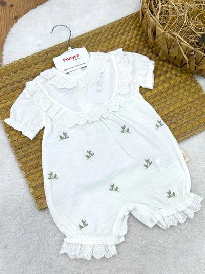 Güpürlü Yakalı Lale Nakışlı Kız Bebek Şort Tulum (3-6/6-9/9-12 Ay)