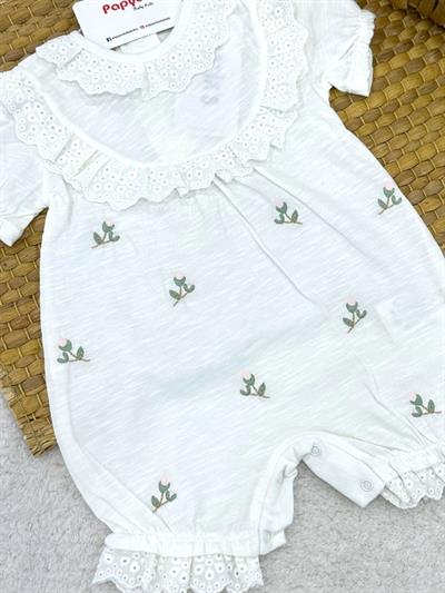 Güpürlü Yakalı Lale Nakışlı Kız Bebek Şort Tulum (3-6/6-9/9-12 Ay)