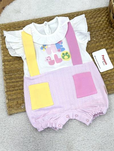 Hello Yakalı Cepli Kız Bebek Şort Tulum (3-6/6-9/9-12 Ay)