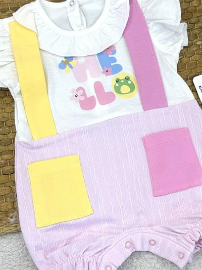 Hello Yakalı Cepli Kız Bebek Şort Tulum (3-6/6-9/9-12 Ay)