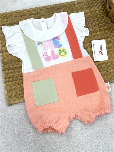 Hello Yakalı Cepli Kız Bebek Şort Tulum (3-6/6-9/9-12 Ay)