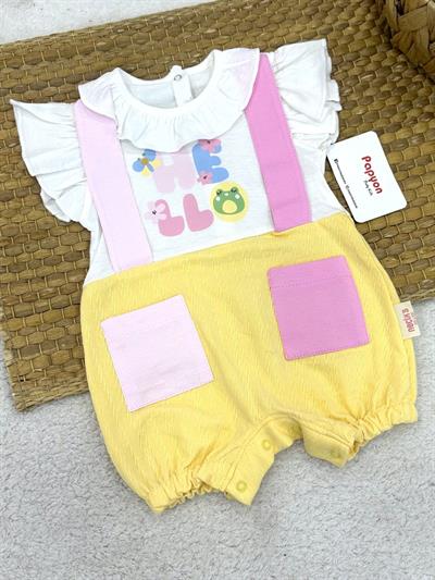 Hello Yakalı Cepli Kız Bebek Şort Tulum (3-6/6-9/9-12 Ay)