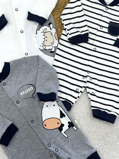 İnek Kuzu Baskılı Erkek Bebek 3lü Manşetli Tulum (0-3/3-6/6-9 Ay)