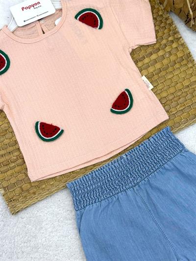 Karpuz Aplikeli Badili Kot Şortlu Kız Bebek Takım (6-9/9-12/12-18/18-24 Ay)