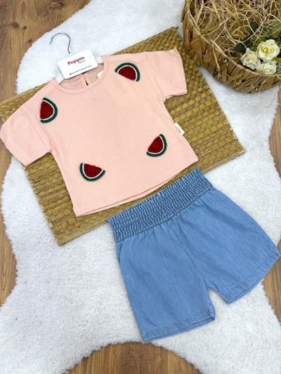 Karpuz Aplikeli Badili Kot Şortlu Kız Bebek Takım (6-9/9-12/12-18/18-24 Ay)