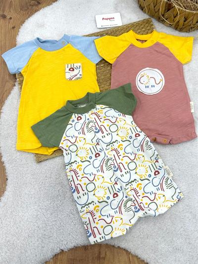 Kedi Model Uniseks Bebek 3lü Penye Şort Tulum (0-3/3-6 Ay)