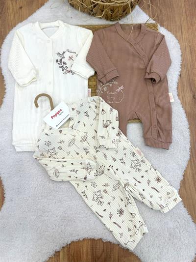 Kieta Çiçekli Fitilli Kız Bebek 3lü Manşetli Tulum (0-3/3-6/6-9 Ay)