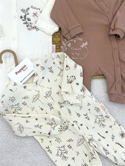 Kieta Çiçekli Fitilli Kız Bebek 3lü Manşetli Tulum (0-3/3-6/6-9 Ay)