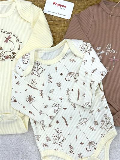 Kieta Çiçekli Fitilli Kız Bebek Uzun Kollu 3lü Çıtçıtlı Badi (0-3/3-6/6-9 Ay)