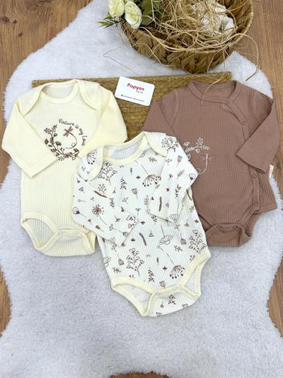 Kieta Çiçekli Fitilli Kız Bebek Uzun Kollu 3lü Çıtçıtlı Badi (0-3/3-6/6-9 Ay)