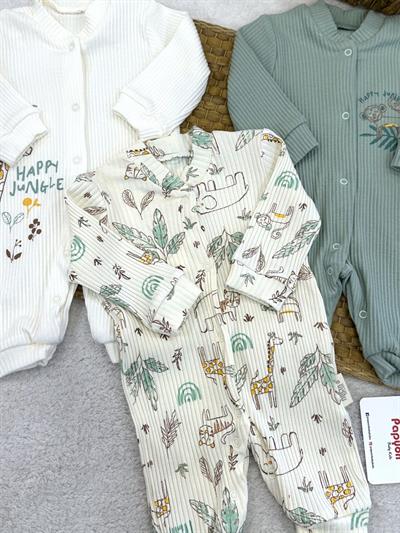 Kiev Happy Jungle Fitilli Erkek Bebek 3lü Manşetli Tulum (0-3/3-6/6-9 Ay)