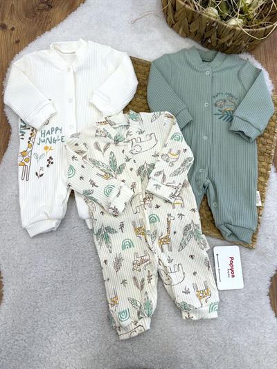 Kiev Happy Jungle Fitilli Erkek Bebek 3lü Manşetli Tulum (0-3/3-6/6-9 Ay)