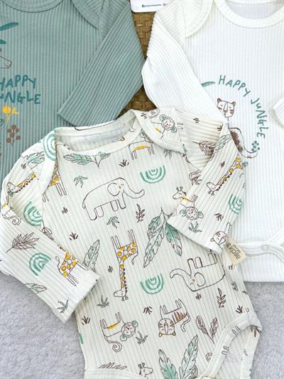 Kiev Happy Jungle Fitilli Uzun Kollu Erkek Bebek 3lü Çıtçıtlı Badi (0-3/3-6/6-9 Ay)