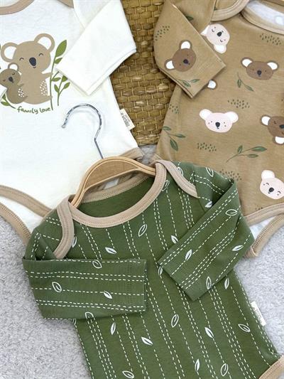 Koala Baskılı Erkek Bebek Uzun Kollu 3lü Çıtçıtlı Badi (0-3/3-6/6-9 Ay)