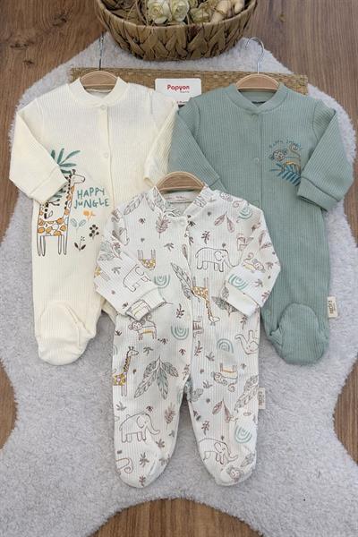 Koala Happy Jungle Baskılı Erkek Bebek 3lü Patikli Tulum (0-3/3-6 Ay)