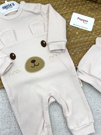 Kulaklı Ayıcık Nakışlı Bereli Fitilli Erkek Bebek Tulum (3-6/6-9/9-12 Ay)