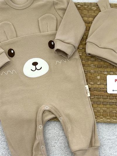 Kulaklı Ayıcık Nakışlı Bereli Fitilli Erkek Bebek Tulum (3-6/6-9/9-12 Ay)