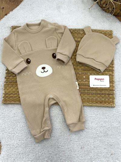 Kulaklı Ayıcık Nakışlı Bereli Fitilli Erkek Bebek Tulum (3-6/6-9/9-12 Ay)