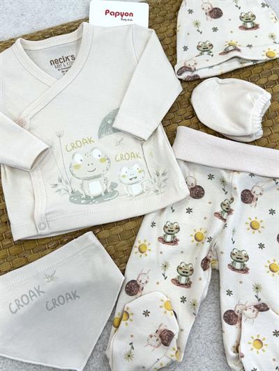 Kurbağa Baskılı Yenidoğan Erkek Bebek 5li Zıbın Set