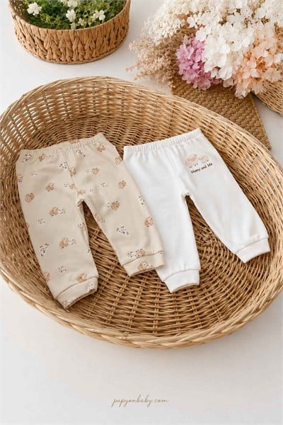 Kuzu Desenli Unisex Bebek 2li Alt Pantolon (%100 Pamuk)(0-3/3-6/6-9 Ay)