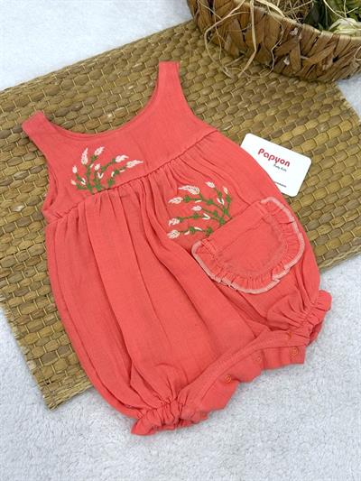 Lavanta Nakışlı Geniş Askılı Kız Bebek Müslin Şort Tulum (3-6/6-9/9-12 Ay)