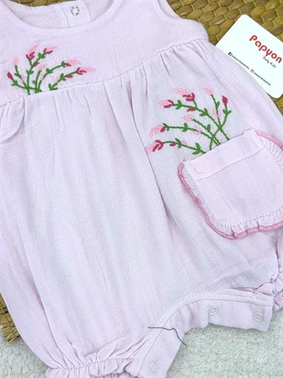 Lavanta Nakışlı Geniş Askılı Kız Bebek Müslin Şort Tulum (3-6/6-9/9-12 Ay)