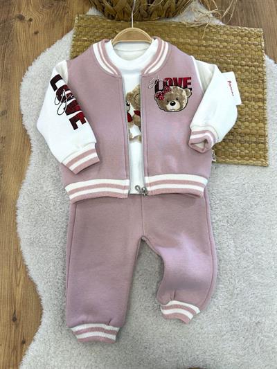 Love Ayıcık Baskılı 3ip Şardonlu Ceketli Kız Bebek 3lü Takım (9-12/12-18/18-24 Ay)