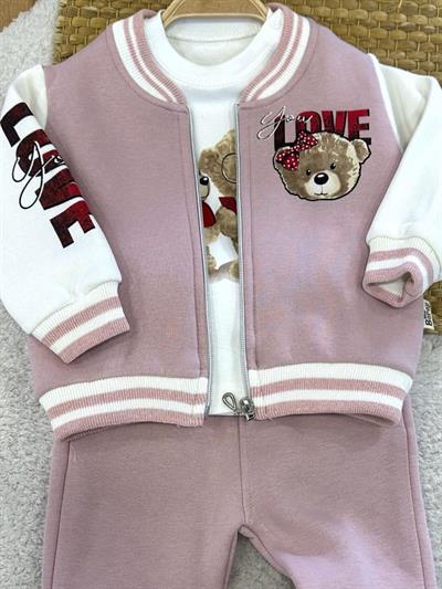 Love Ayıcık Baskılı 3ip Şardonlu Ceketli Kız Bebek 3lü Takım (9-12/12-18/18-24 Ay)